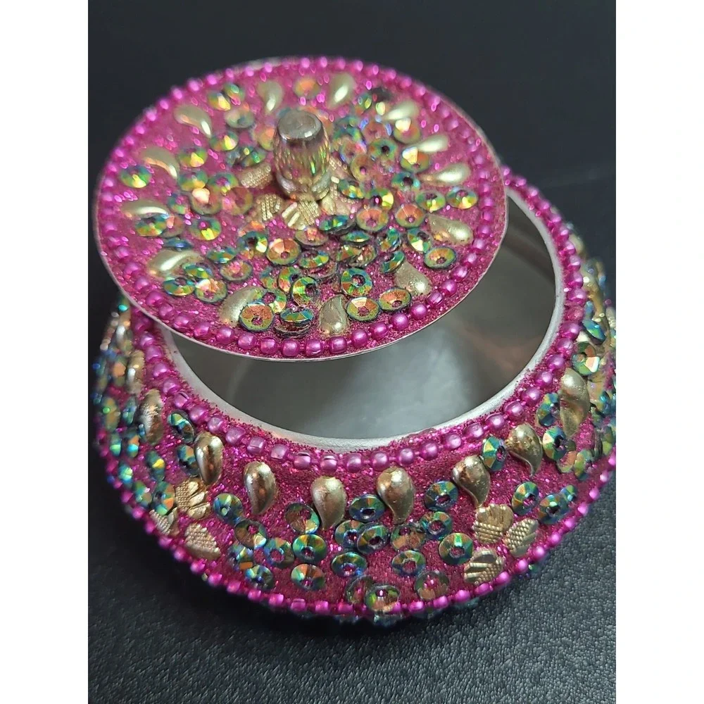 Vintage Fuchsia Round Ornate Jeweled Trinket Jewelry Box Glitter Inlay Sparkle